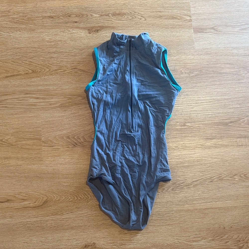 Gray Yumiko leotard with turquoise detail size medium